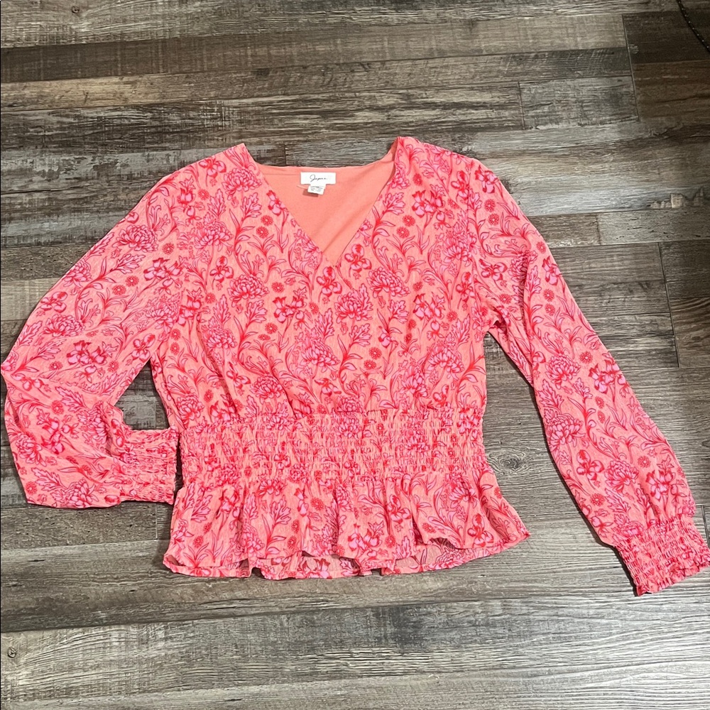 Japna Pink Floral V-Neck Blouse Size Large Romantic Ruched Waist Sheer Sleeve
